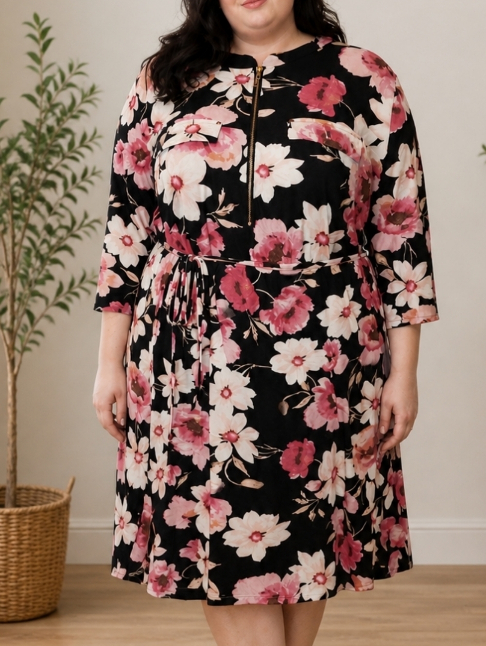 Magazine Xl Floral Adjustable Sleeve Tie Dress Half Zip